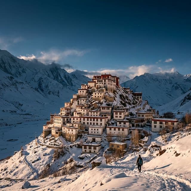 Key Monastery on its hill above the Spiti valley in snow